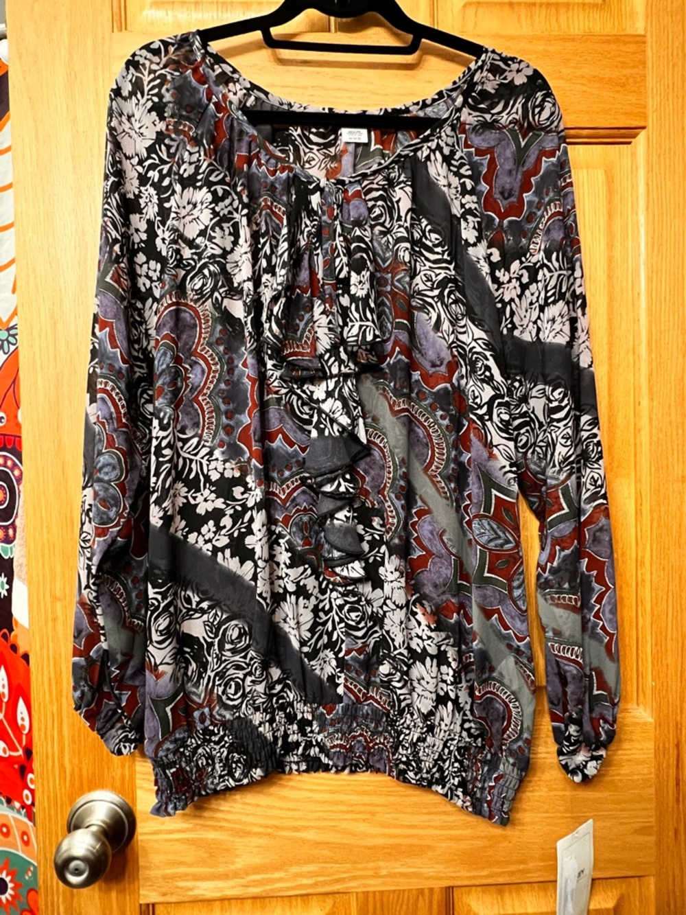 Women's Jockey Long Sleeve Ruffle Peasant Blouse - Black Multi